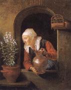Gerard Dou Old woman at her window,Watering flower oil painting artist